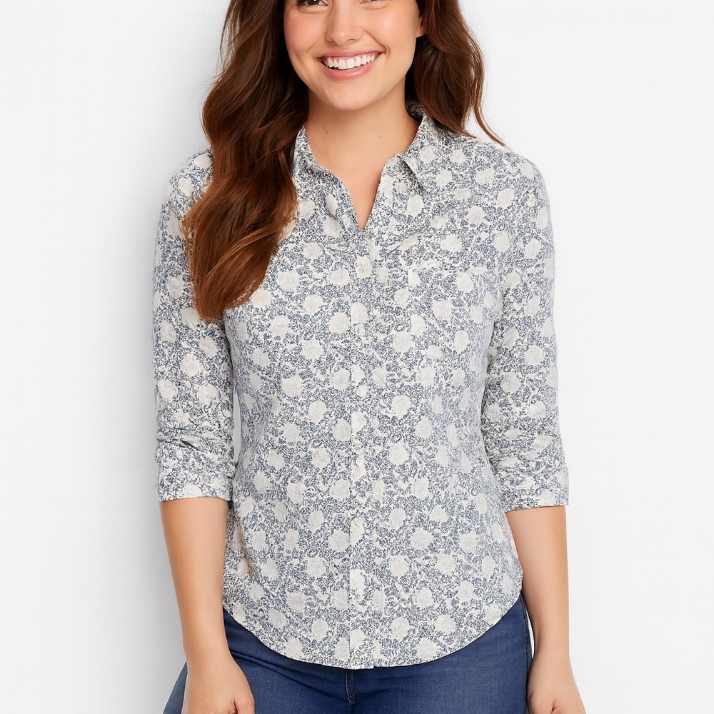 Express floral ladies button down navy/gray modern floral on white. Size M AR14